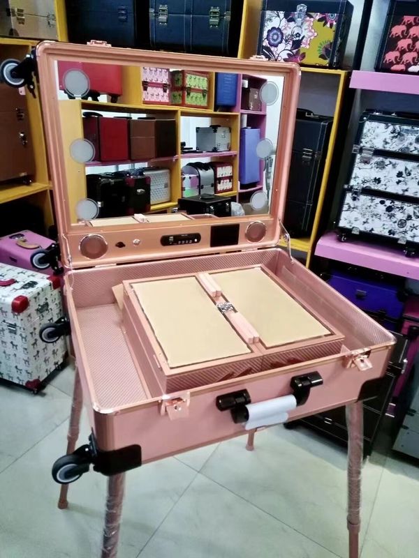 Cuerpo de maquillaje ajustable piernas de pie maleta de trabajo pesado espejo de luz led cosmético rodante 4 ruedas carruaje Cuerpo de maquillaje